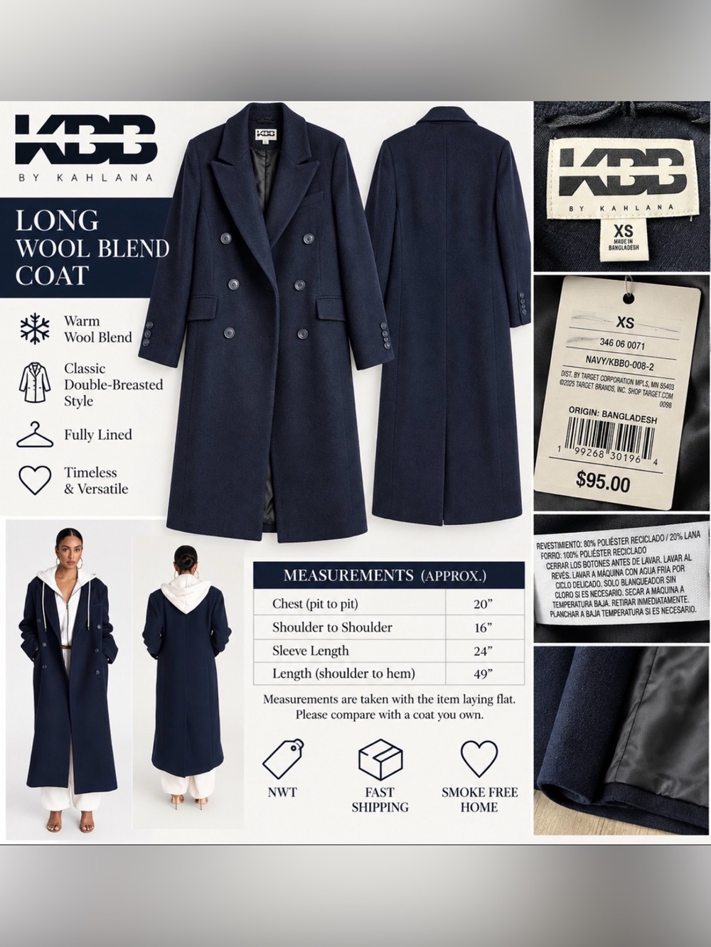 KBB by Kahlana Navy Wool Blend Long Double Breasted Coat XS NWT